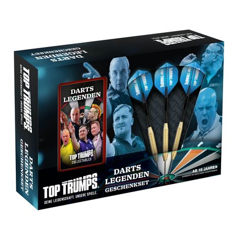 "Darts Legenden Geschenkset" und "Ab 18 Jahren" sind prominente Texte. Verpackung zeigt Darts und Abbildungen von Spielern.