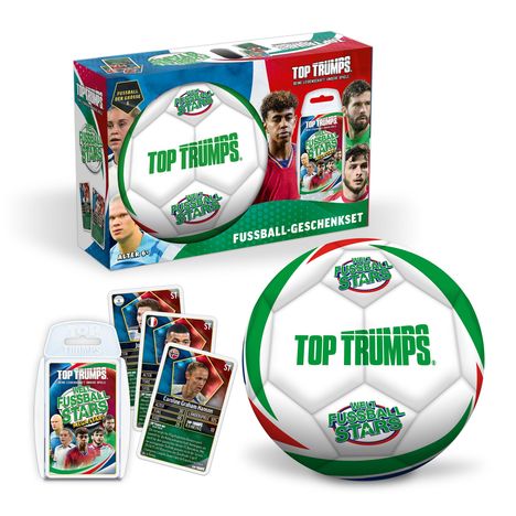 „Top Trumps“, „Welt Fußball Stars“, „Fussball-Geschenkset“. Eine bunte Verpackung mit Ball und Spielkarten.