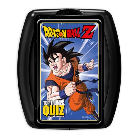 „DRAGON BALL Z“, „Top Trumps Quiz mit Köpfchen“. Illustration: Figur mit schwarzen Haaren und orange-blauem Anzug.