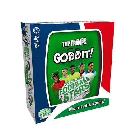 Spielkarton mit "Top Trumps GODDIT! World Football Stars" und Bildern von fünf Fußballspielern. Zielgruppe ab 6 Jahren.