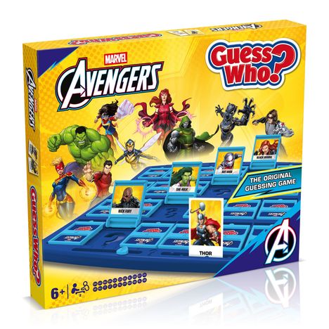 "Marvel Avengers Guess Who? The Original Guessing Game", bunte Superhelden-Illustrationen und Spielbrett für 6+.