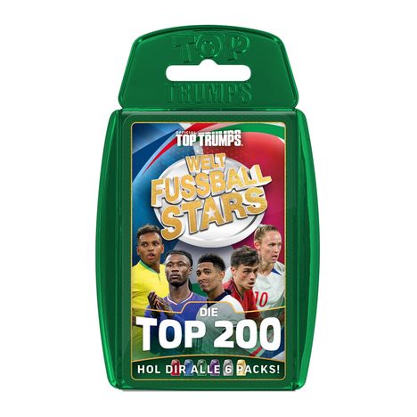 "WELT FUSSBALL STARS", "DIE TOP 200", "HOL DIR ALLE 6 PACKS". Verschiedene Fußballspieler auf einem Kartenspielpackung.