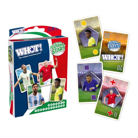 Schachtel: "WHOT! World Football Stars." Karten zeigen Fußballspieler, Zahlen und Formen. Enthaltene Spielerbilder.