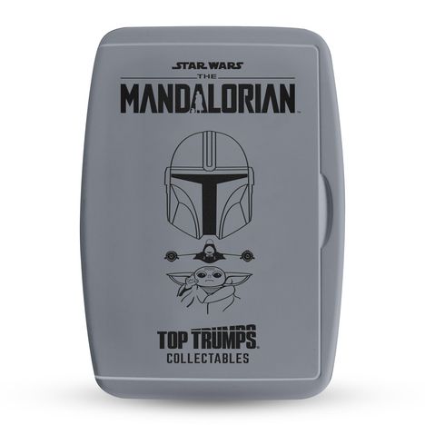 „Star Wars The Mandalorian“ Logo, Helm des Mandalorianers, fliegendes Baby-Yoda, „Top Trumps Collectables“ Text.