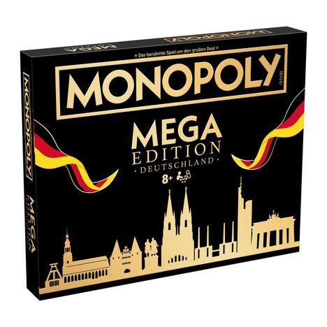 „MONOPOLY MEGA EDITION DEUTSCHLAND“, „Das berühmte Spiel um den großen Deal“. Schwarze Schachtel mit Skyline und Flaggen.