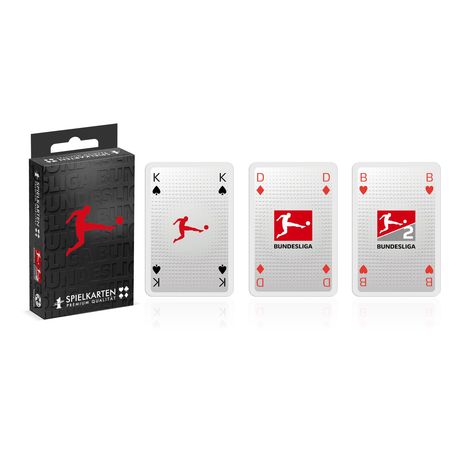 Links "SPIELKARTEN PREMIUM QUALITÄT", Karten mit Bundesliga-Logo, Herzen, Karo, König, Dame.
