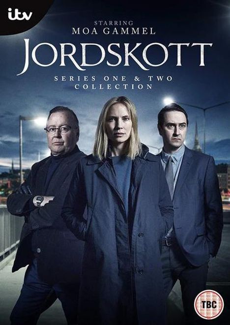 Text: "Starring Moa Gammel, Jordskott, Series One & Two Collection". Drei Personen in dunkler Kleidung auf einer Straße.