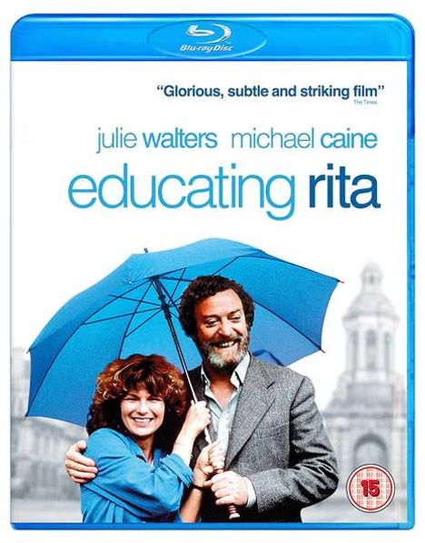 Cover einer Blu-ray: Texte: "Glorious, subtle and striking film", "julie walters", "michael caine", "educating rita". Zwei Personen mit blauem Regenschirm.