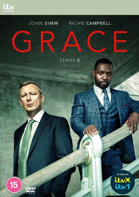 "GRACE, Series 5, John Simm, Richie Campbell; Zwei Männer in Anzügen auf einer Treppe."
