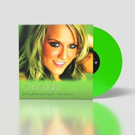 Text: "cascada everytime we touch - the album". Grünes Plattencover mit lächelnder Frau und passendem Vinyl.
