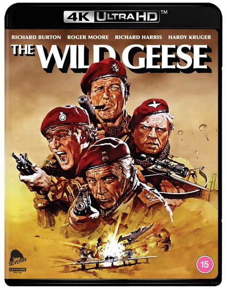 "THE WILD GEESE" zeigt vier Männer in Militäruniformen mit roten Baretts, bewaffnet. Unten eine Explosion und ein Flugzeug.