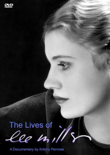 Text: "The Lives of Lee Miller, A Documentary by Antony Penrose." Schwarz-weißes Profilbild einer Frau im Vintage-Stil.