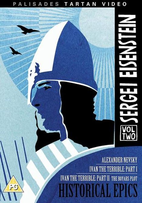 Text: "SERGEI EISENSTEIN VOL TWO", "ALEXANDER NEVSKY", "IVAN THE TERRIBLE", "HISTORICAL EPICS". Illustration eines Kriegers.
