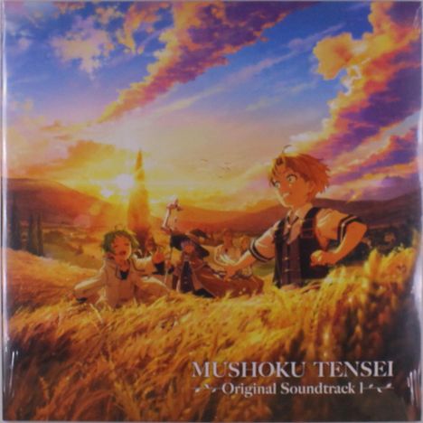 Text: "MUSHOKU TENSEI Original Soundtrack 1". Illustration: Charaktere in einem goldenen Weizenfeld bei Sonnenuntergang.