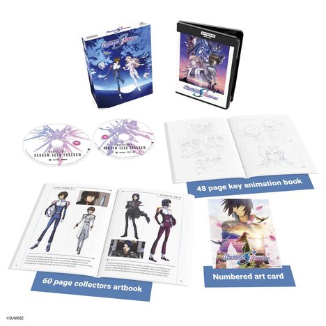 Zwei DVDs mit "Mobile Suit Gundam Seed Freedom", ein 48-seitiges Animationsbuch, ein 60-seitiges Sammlerbuch und eine Artkarte.
