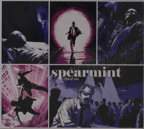"spearmint chase me" in weißem Text. Verschiedene Illustrationen zeigen dramatische Stadt- und Menschenszenen.