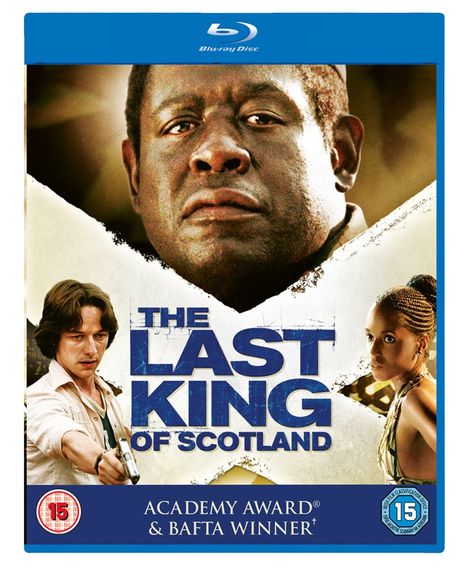 "The Last King of Scotland," Academy Award & BAFTA Winner. Große Gesichter dreier Personen, zentral ein ernster Mann.
