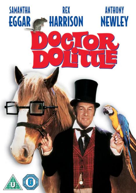Oben: "SAMANTHA EGGAR, REX HARRISON, ANTHONY NEWLEY". Groß: "DOCTOR DOLITTLE". Ein Mann im Zylinder, Pferd, Papagei.