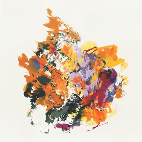 Abstraktes Gemälde mit lebhaften Farben wie Orange, Lila und Schwarz. Dynamische Pinselstriche bilden einen kraftvollen Fokus.