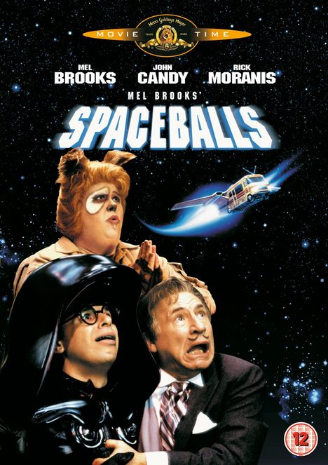 Große Schrift: "SPACEBALLS". Drei erschrockene Männer, eine Raumfähre im Weltall und ein MGM-Logo oben.