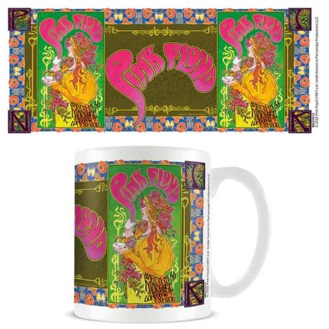"Pink Floyd", "March 15", "Avalon Ballroom". Buntes, psychedelisches Design mit Blumen und einer Figur auf einer Tasse.