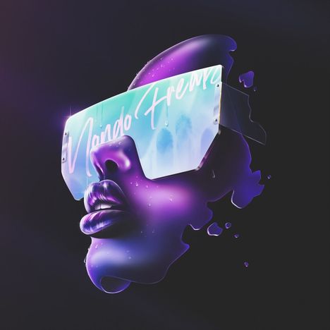 „Mondo Freudo“ in weißer Schrift auf futuristischer Sonnenbrille, neon-lilane Illustration eines Gesichts.