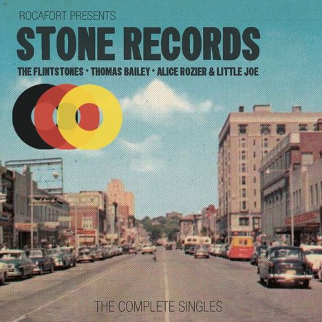 "ROCAFORT PRESENTS STONE RECORDS" oben, darunter Künstlernamen. Im Hintergrund eine belebte Stadtszene mit Retro-Autos.