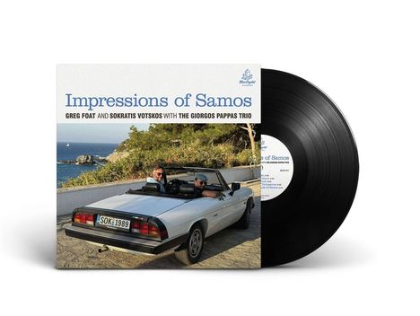 "Impressions of Samos" Albumcover mit Auto und zwei Personen vor Meerblick. Schwarze Schallplatte daneben.