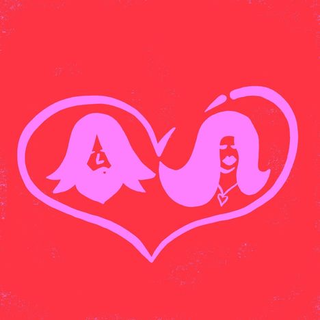 Zwei stilisierte Köpfe in einem Herz, violette Konturen auf rotem Hintergrund; L-Form über dem linken Kopf.
