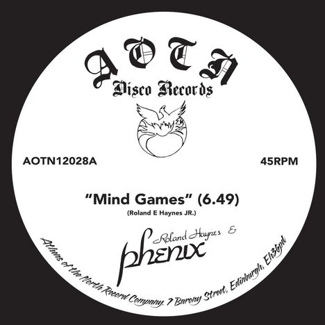 AOTN Disco Records, “Mind Games” (6.49), Roland Haynes & Phenix. Logo mit Phönix über einer Schallplatte.