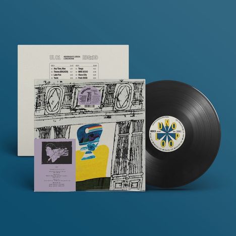 Vinyl-Schallplatte mit Label "UNO LOOP", buntes Cover mit abstraktem Design und gelbem Bereich, Hülle im Hintergrund.
