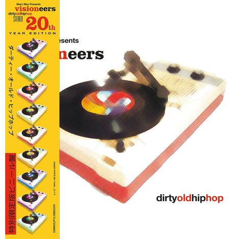 Texte: "visioneers", "20th YEAR EDITION", "dirtyoldhiphop". Illustration eines Plattenspielers mit bunten Platten.