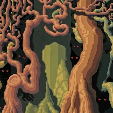 Illustration zeigt verdrehte Bäume mit rosa Augen in dunklen Lücken, geheimnisvolle, versteckte Kreaturen.