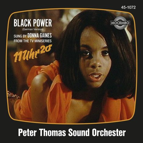 Texte: "BLACK POWER", "11 Uhr 20", "Peter Thomas Sound Orchester". Eine Frau in Orange schaut intensiv nach vorne.