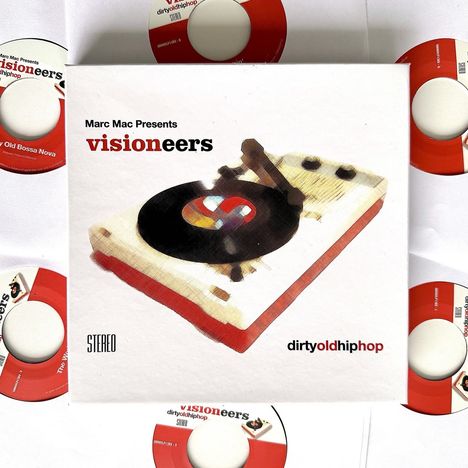 "Marc Mac Presents visioneers dirtyoldhiphop STEREO" zeigt einen Plattenspieler mit einer Schallplatte.