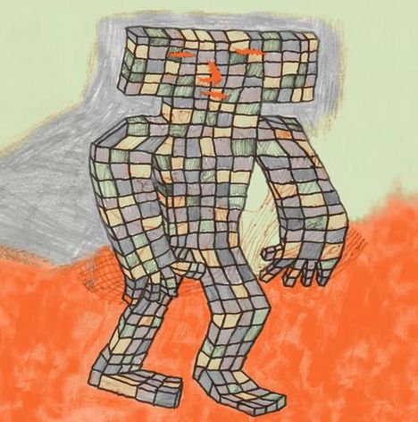 Diese Illustration zeigt eine pixelartige Figur aus bunten Quadraten auf orangefarbenem Hintergrund.