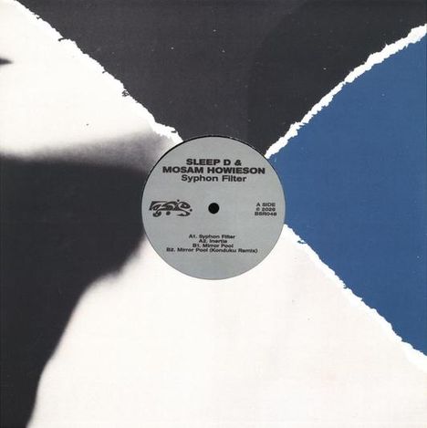 Text: "SLEEP D & MOSAM HOWIESON, Syphon Filter, A1. Syphon Filter, A2. Mirror Pool, B1. Mirror Pool (Kondaktor Remix)."

Illustration: Eine Schallplatte mit einem abstrakten, blauen und schwarzen Hintergrund.