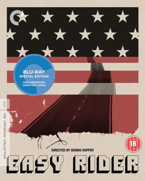 Blu-Ray Special Edition, Directed by Dennis Hopper, Easy Rider. Ein stilisiertes Design mit einer Straße und Sternen.