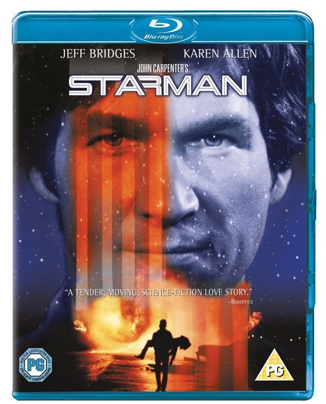 "Jeff Bridges, Karen Allen, John Carpenter's Starman" oben. Gesicht teils rot, teils blau. Unten geht eine Figur vor Flammen.