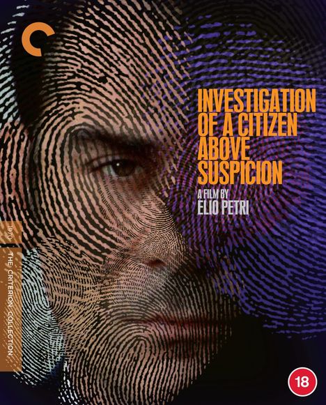 Text in leuchtendem Orange: "Investigation of a Citizen Above Suspicion". Ein Gesicht ist mit Fingerabdruckmustern bedeckt.