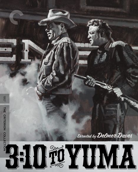 Aufschrift: "3:10 to Yuma", "Directed by Delmer Daves". Zwei Männer, einer im Cowboyhut, stehen in rauchiger Atmosphäre.
