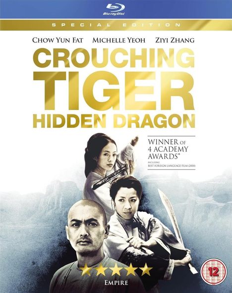 „Crouching Tiger, Hidden Dragon“ Blu-ray Cover; Schauspieler und Filmzitat. Gewinner von 4 Academy Awards. Ab 12 Jahren.