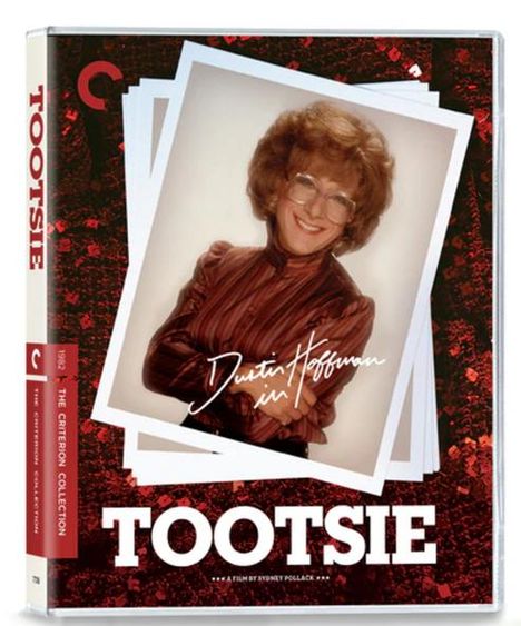 „Dustin Hoffman in Tootsie“, DVD-Cover mit lächelnder Person in rotem Outfit und Brille, Arme verschränkt.