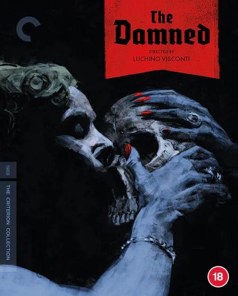 "The Damned," directed by Luchino Visconti. Eine dunkle Illustration zeigt eine Person mit Totenkopf und roten Nägeln. Ab 18.