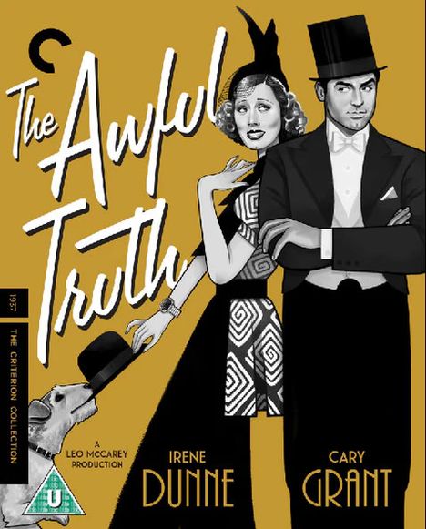 Text: "The Awful Truth", "Irene Dunne", "Cary Grant", "A Leo McCarey Production", "1937", "The Criterion Collection". Illustration eines eleganten Paares.