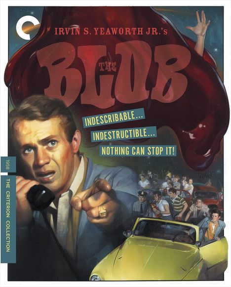 "IRVIN S. YEAWORTH JR.'S THE BLOB. INDESCRIBABLE... INDESTRUCTIBLE... NOTHING CAN STOP IT!" Ein Mann telefoniert, Menschen fliehen.