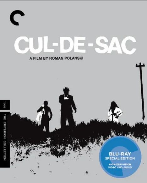 "Cul-de-sac, A Film by Roman Polanski" steht oben. Schwarz-weiße Szene mit drei Personen am Horizont, ein Strommast steht rechts.