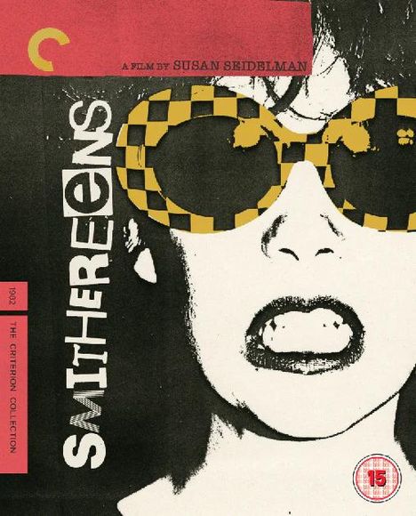 Texte: "SMITHEREENS", "A film by Susan Seidelman", "1982". Illustration einer Person mit karierten Sonnenbrillen.