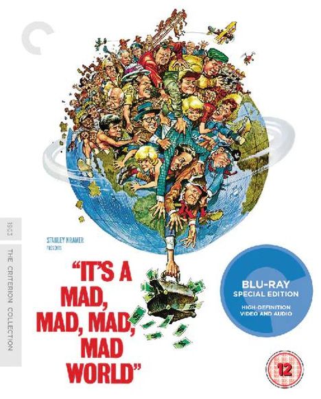 Text: "IT'S A MAD, MAD, MAD, MAD WORLD", "BLU-RAY SPECIAL EDITION". Illustration: Menschenmenge klettert auf Erdkugel.