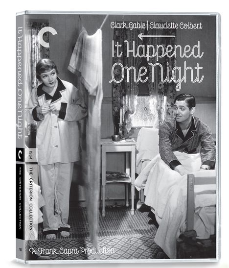 DVD-Cover: „It Happened One Night“. Zwei Personen in Schwarz-Weiß, Frau im Bademantel, Mann im Bett.